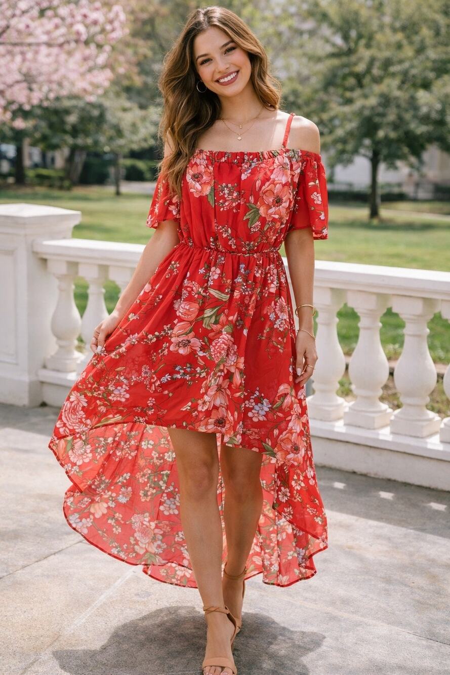 AUW Red Floral Off The Shoulder Flutter Sleeve Dress High Low XL